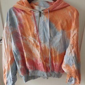 PINK Tie-Dye Crepe Sleeve 1/4 Zip Hoodie Womens L